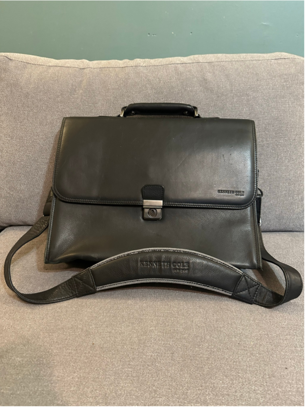 Kenneth Cole Black Leather Briefcase Laptop Bag Shoulder strap